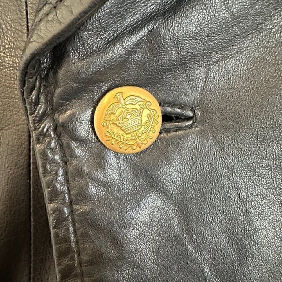 100% LEATHER gorgeous classic vintage 90s gold button blazer stretch women M - Picture 4 of 14